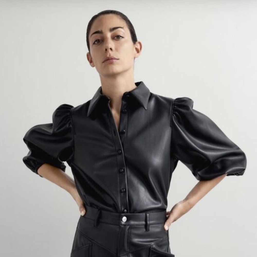 Zara black vegan leather long sleeve button shirt